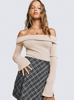 front view of model wearing Princess Polly Savani Off The Shoulder Bodysuit Beige Full Sleeves straight 