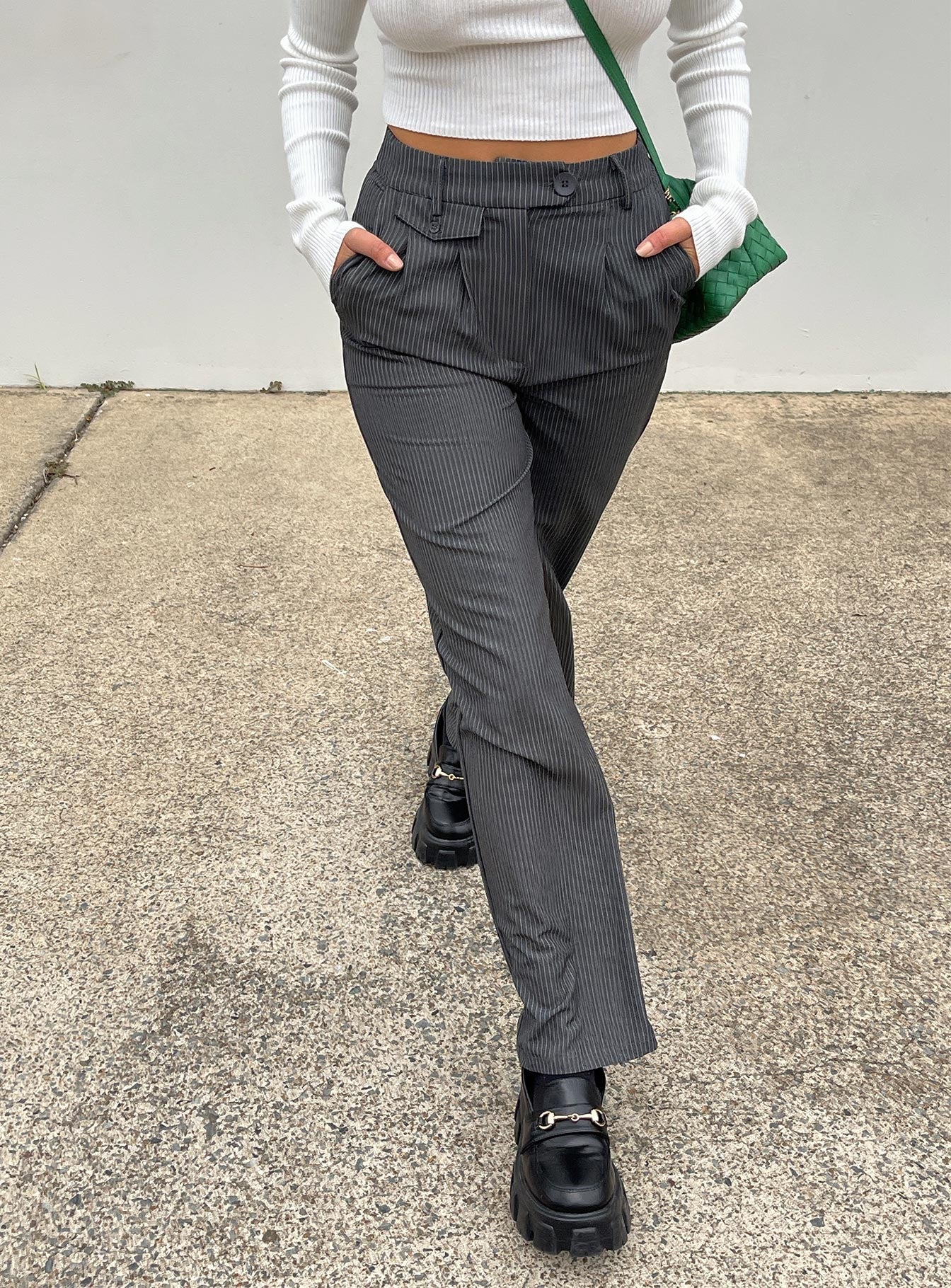 front view of model wearing Princess Polly Karcher Pants Black 