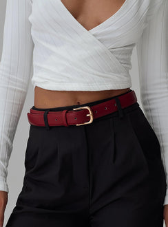 Red Faux leather belt with gold-toned buckle
