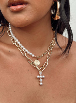 Necklace set Gold toned Thick chain Faux pearl detailing Cross charm
