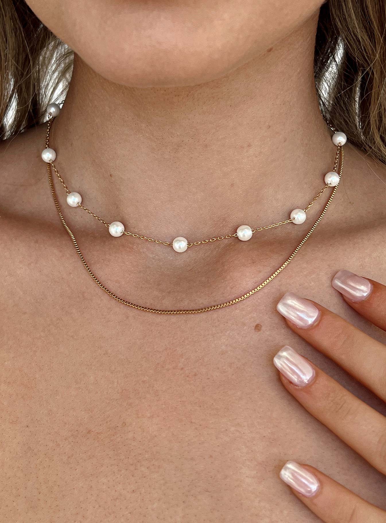 Necklace pack Two dainty chains Pearl detail Lobster clasp fastening