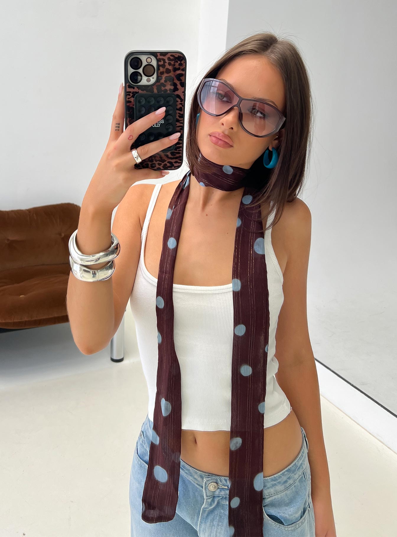 Velveta Skinny Scarf Brown / Blue Polka