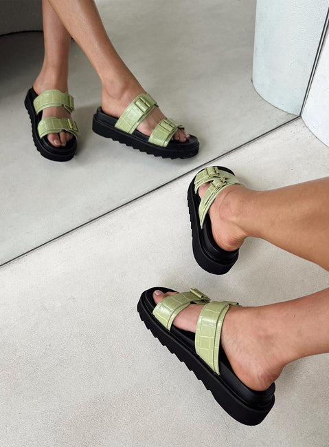 Black and green sandals Double upper strap Both adjustable Chunky treaded sole Padded footbed
