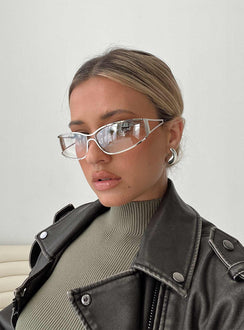 Silver-toned sunglasses Metal frame, silver tinted lenses, silicone nose pads, thick temples, black detail tip temples