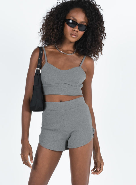 Grey matching set Crop top Adjustable shoulder straps Sweetheart neckline Bike shorts Thick elasticated waistband Good stretch Unlined