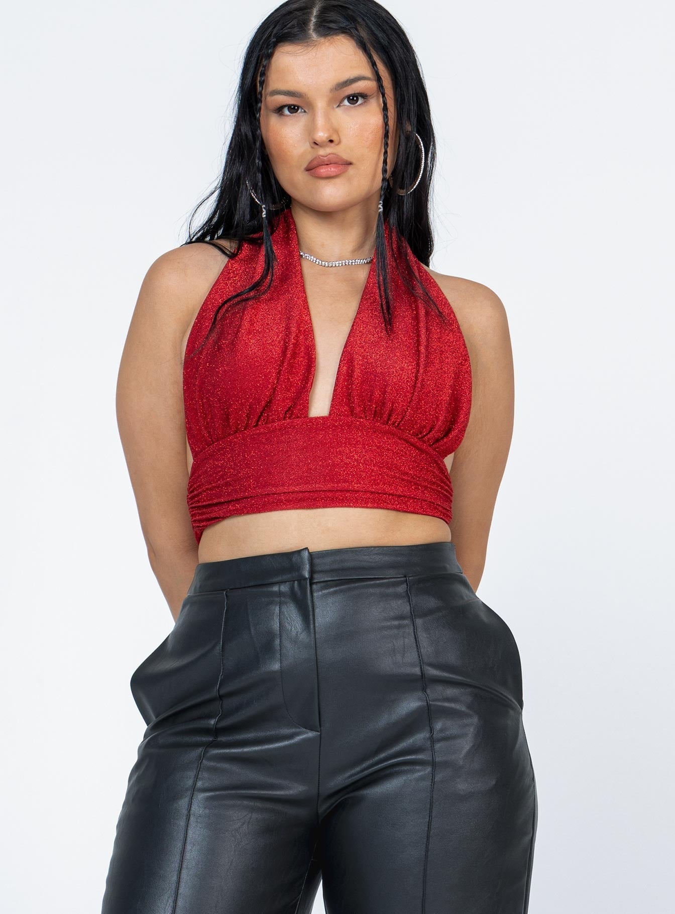 front view of model wearing Princess Polly Jordy Top Red Glitter Sleeveless Plunger 