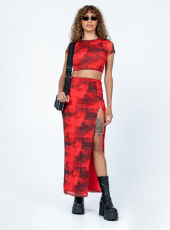 Matching set Mesh material  Printed design  Cropped tee High waisted midi skirt  Elasticated waistband 
