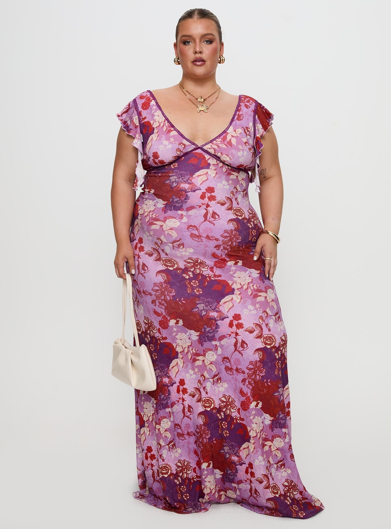 front view of model wearing Princess Polly Soleila Maxi Dress Purple Multi Curve Plunger 