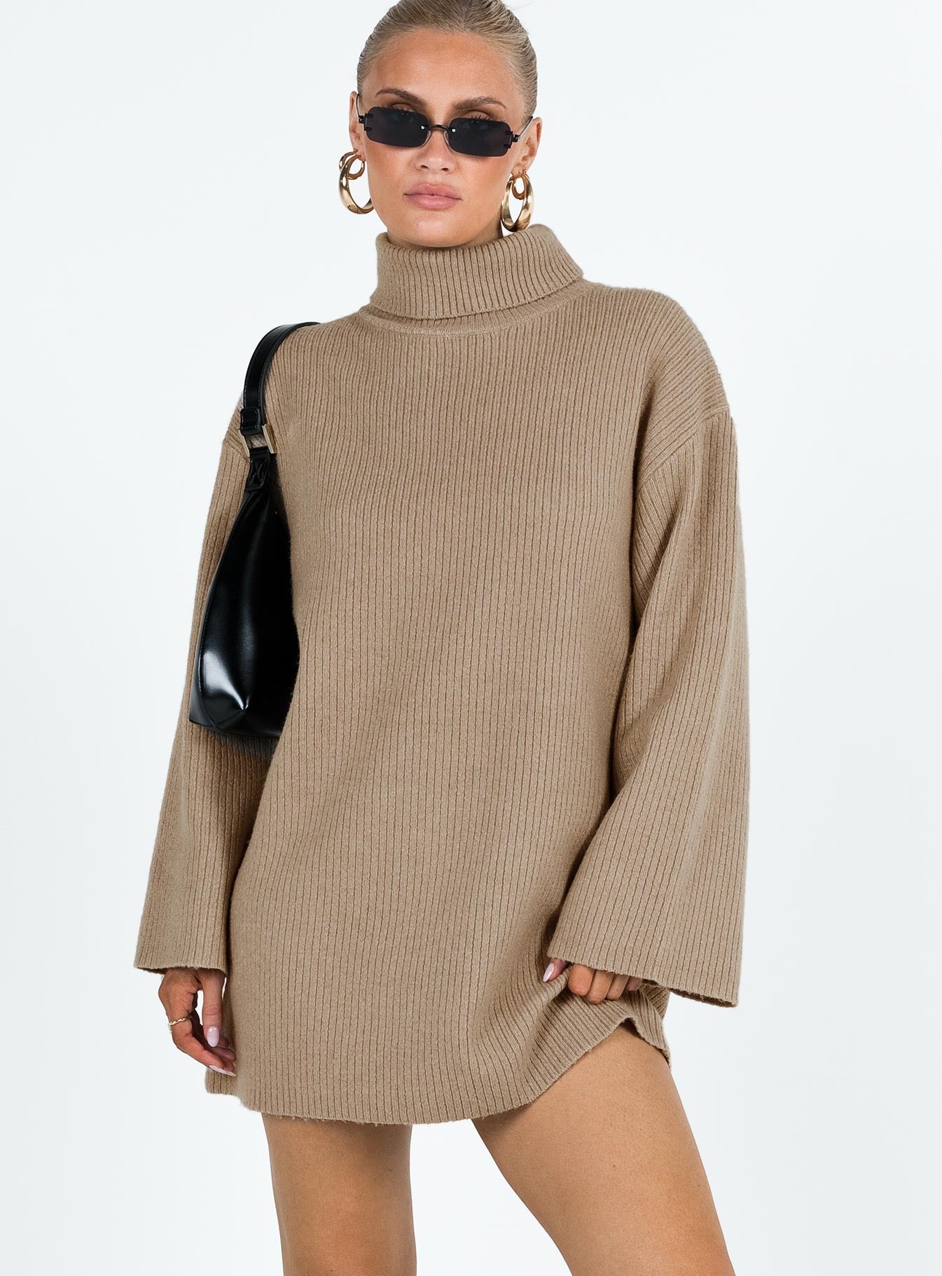 Long sleeve mini dress Ribbed knit material Turtle neck Drop shoulder