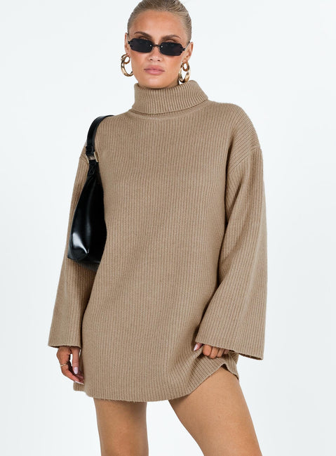 Long sleeve mini dress Ribbed knit material Turtle neck Drop shoulder