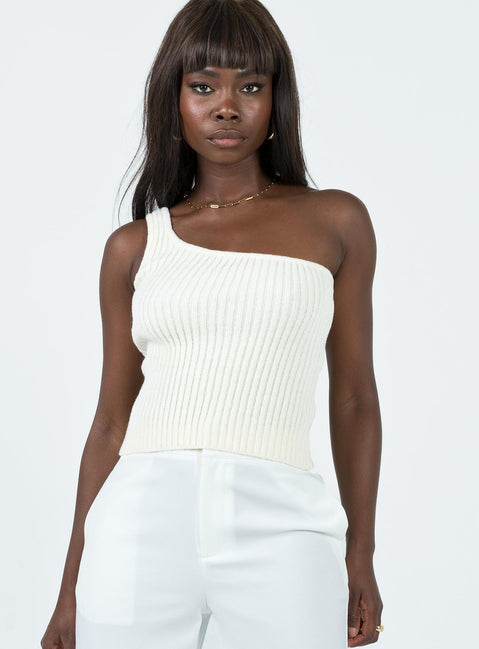 Front view of model wearing  front Princess Polly Sleeveless Asymmetric Neckline  Drayla Top Cream