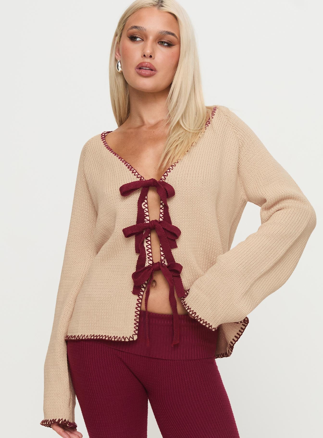 front view of model wearing Princess Polly Kiss Goodbye Knit Cardigan Multi Long 