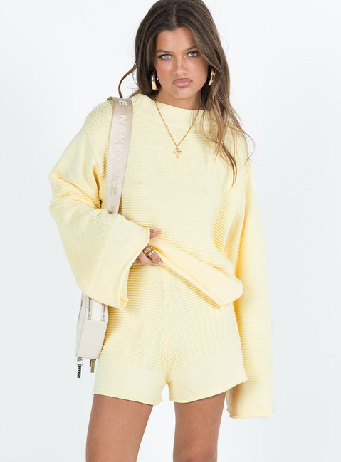 Matching set Knit material Sweater Drop shoulder Shorts High rise Thick elasticated waistband Good stretch Unlined