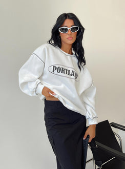 side view of model wearing Princess Polly Portland Oversized Crewneck Sweatshirt White 