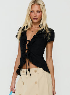 Raylynn Frill Detail Short Sleeve Collared Top Black