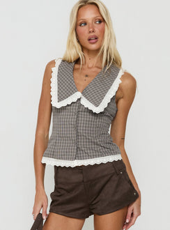 Mayci Collared Lace Trim Top Brown Check