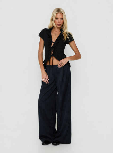 Yuzima Micro Belt Pleated Pants Navy Pinstripe