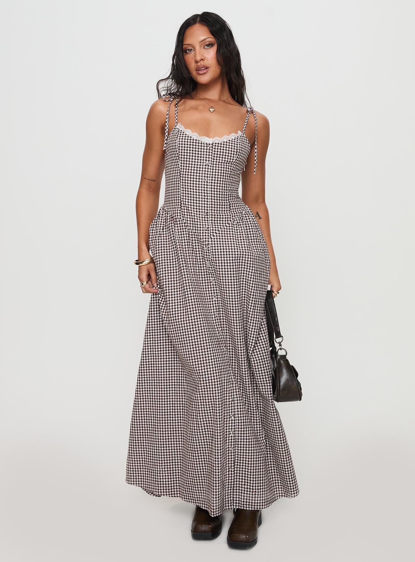 Dalanie Tie Strap Maxi Dress Brown Gingham | Princess Polly Dalanie Tie Strap Maxi Dress Brown Gingham | Princess Polly