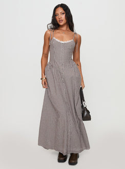front view of model wearing Princess Polly Dalanie Tie Strap Maxi Dress Brown Gingham Scoop Neck 