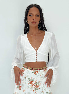 front view of model wearing Princess Polly Castlereagh Top White Full Sleeves Plunger 