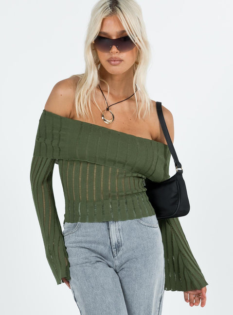 Green off the shoulder top Knit material Folded neckline Inner silicone strip at bust Flared sleeves