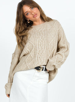 front view of model wearing Princess Polly Canlish Cable Sweater Latte Long 