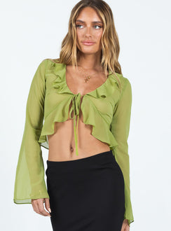 Front view of model wearing  front Princess Polly Full Sleeves Scoop Neck  Gylda Long Sleeve Top Green