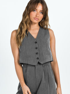 Vest top Pinstripe print V neckline Button fastening at front Faux pockets Pointed hem