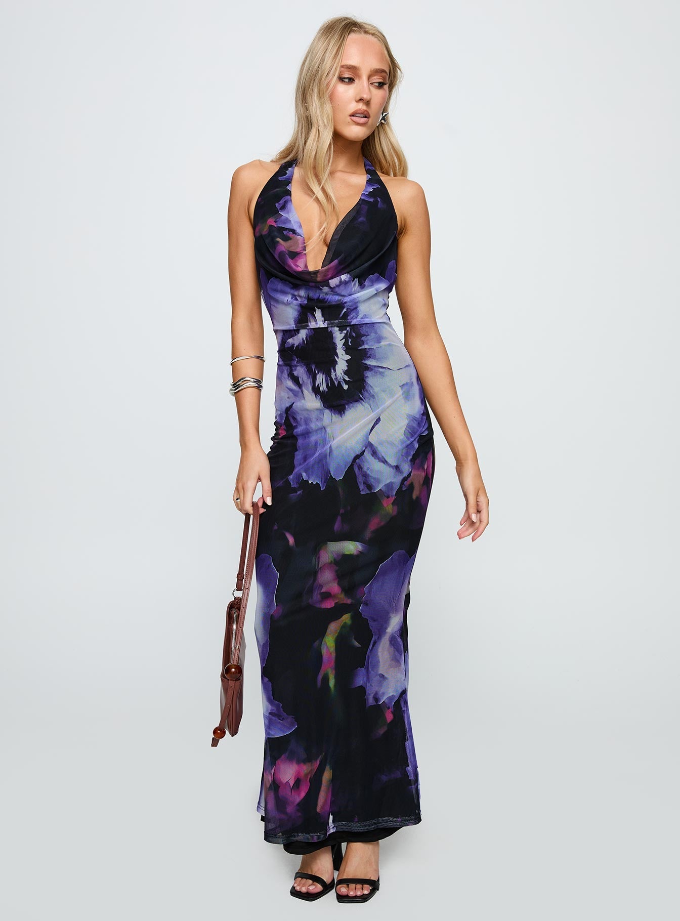 front view of model wearing Princess Polly Bittersuite Cowl Maxi Dress Black Cowl Neck 