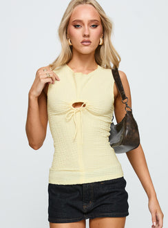 front view of model wearing Princess Polly Souls Intertwine Cut Out Top Yellow Sleeveless Crew Neck 