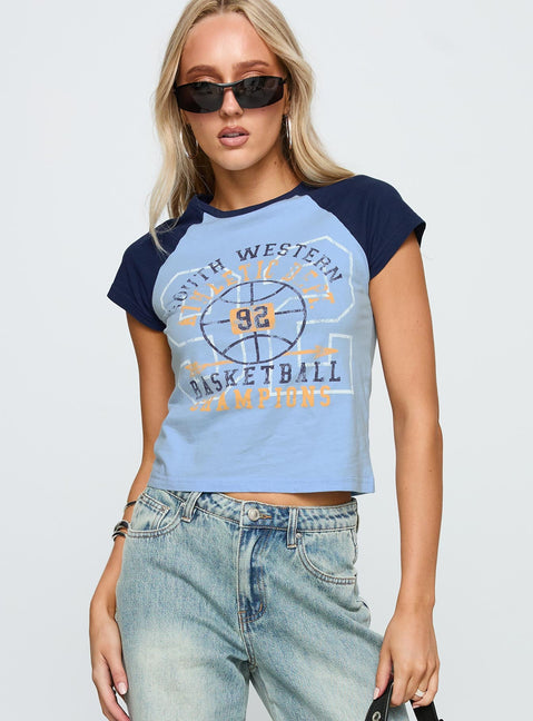 front view of model wearing Princess Polly South West Sports Graphic Top Blue Short Sleeves Crew Neck 