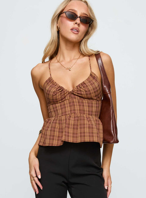 front view of model wearing Princess Polly Croatia Frill Top Brown Check Sleeveless V-Neck 