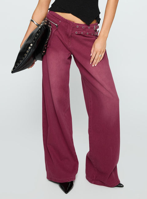 back view of model wearing Princess Polly Paltrow Mid Rise Wide Leg Cargo Jeans Washed Burgundy Mid Rise Jeans 