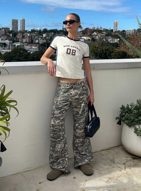 front view of model wearing Princess Polly Sweetness Low Rise Straight Leg Jeans Digital Camo Low Rise Jeans 