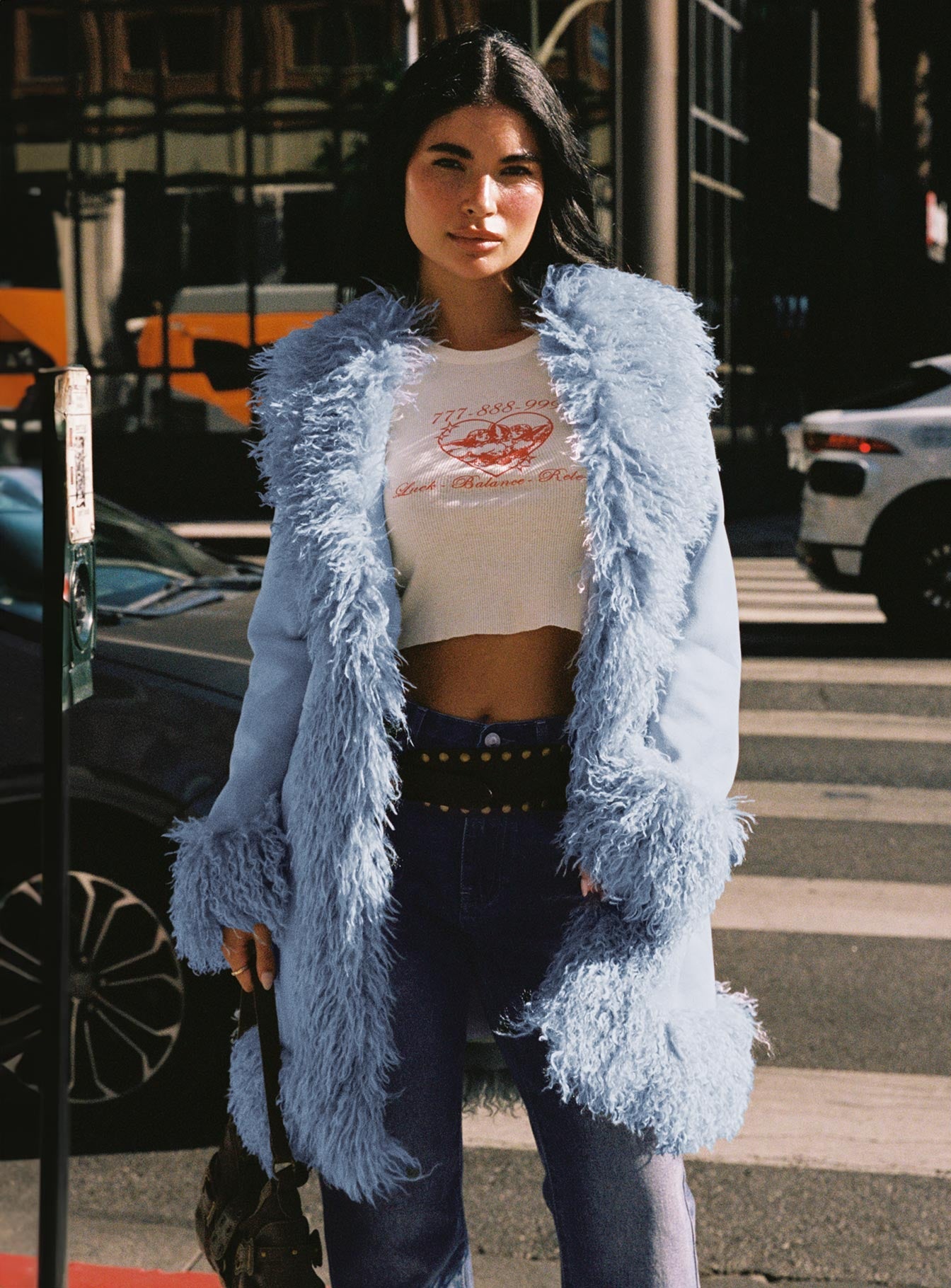 Josefina Faux Fur Detail Jacket Blue | Princess Polly