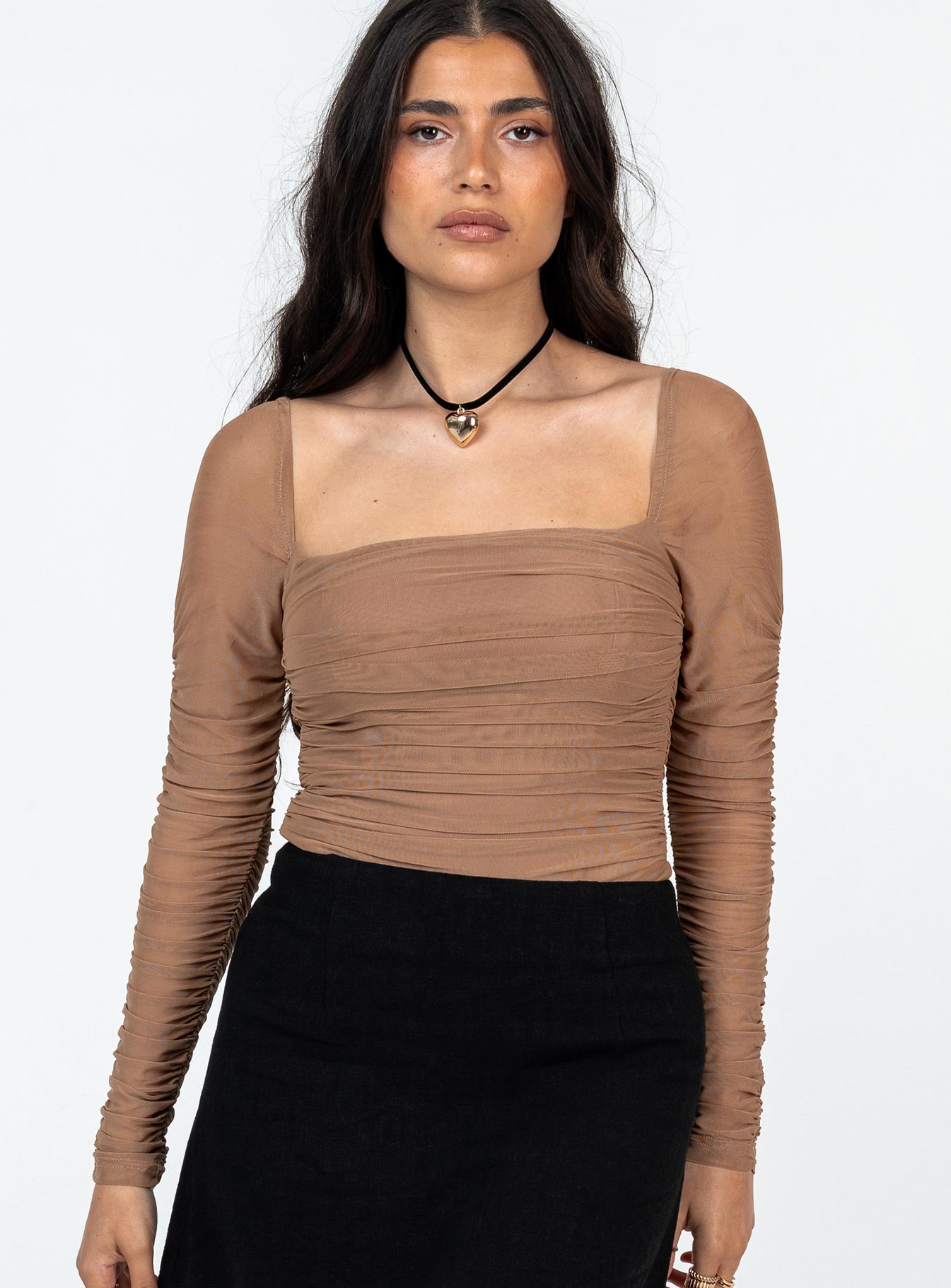 front view of model wearing Princess Polly Delany Bodysuit Beige Petite Full Sleeves Square Neck 