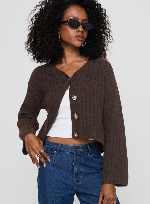 front view of model wearing Princess Polly Romona Knit Cardigan Chocolate Cropped 