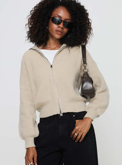 front view of model wearing Princess Polly Merivale Knit Sweater Beige Cropped 