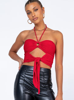 front view of model wearing Princess Polly Loriella Ring Detail Crop Top Red 
