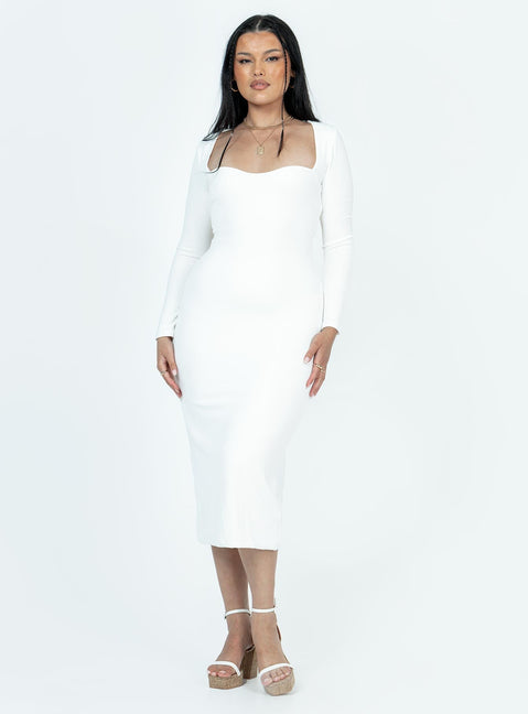 Front view of model wearing  front Princess Polly Crew Neck  Nolan Midi Dress White