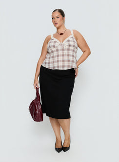 back view of model wearing Princess Polly Baseline Rib Midi Skirt Black Curve Midi Skirts Skirts 