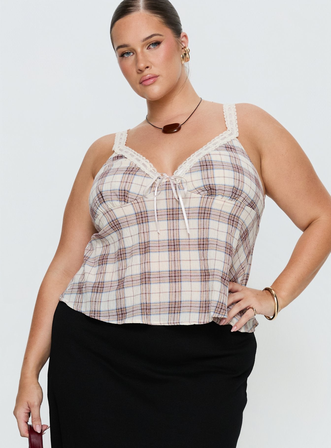 Pretty It Up Tie Detail Top Beige Check Curve
