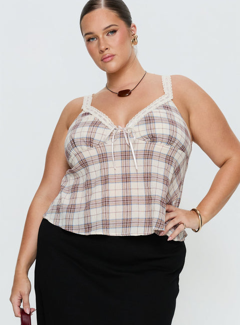 Pretty It Up Tie Detail Top Beige Check Curve