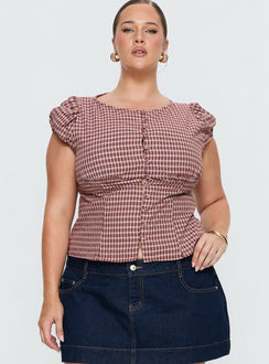 Alixandra Puff Sleeve Blouse Top Red Check Curve