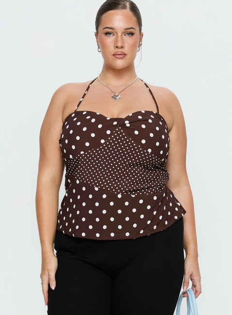 Marguerite Halter Top Brown Polka Curve