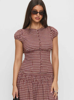 Alixandra Puff Sleeve Blouse Top Red Check