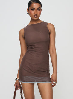 front view of model wearing Princess Polly Ren Mini Dress Brown/ Blue Boat Neck 