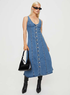 product Princess Polly V-Neck  Midler Denim Midi Dress Mid Blue