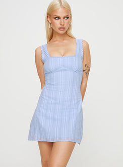 Blue mini dress lace trimmings square neckline