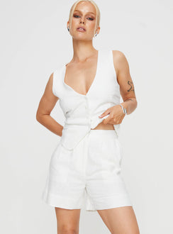 front view of model wearing Princess Polly Bellair Linen Blend Shorts White High Waisted Shorts 